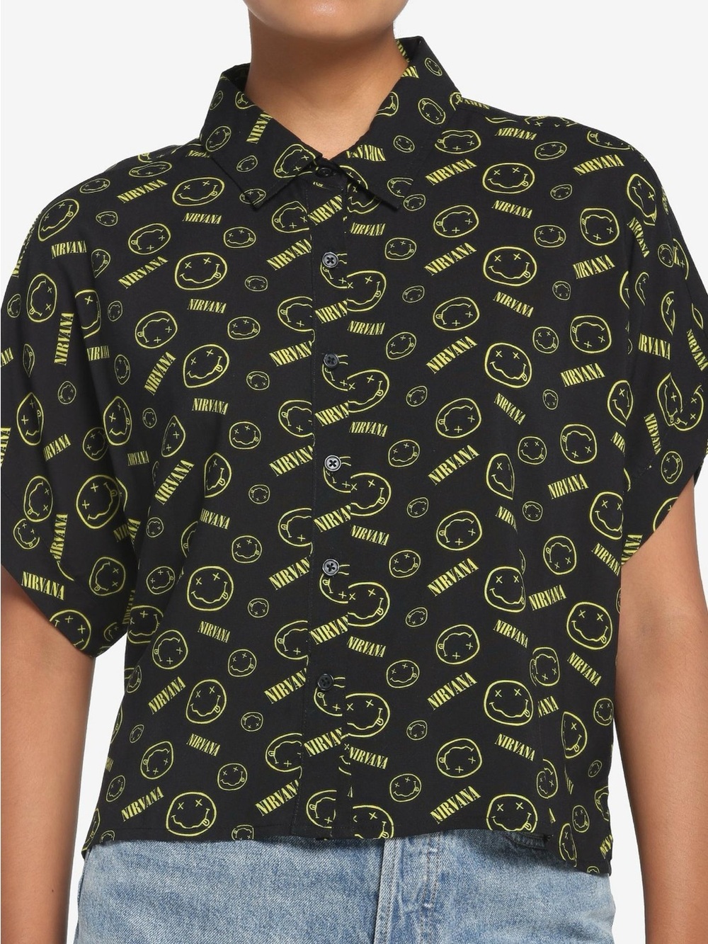 NWT Nirvana Hot Topic Women's Smiley Graphic Button Down Shirt Size Medium